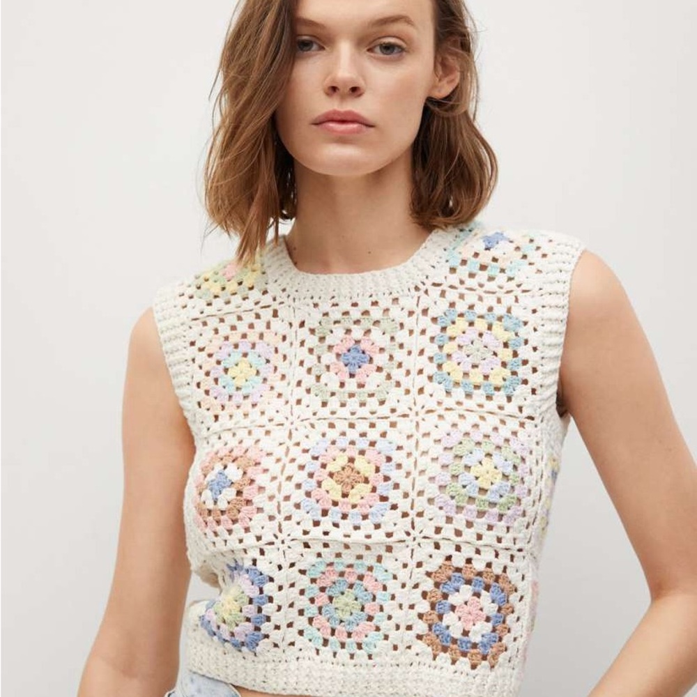 Mango Floral Crochet Sleeveless Multicolor Top